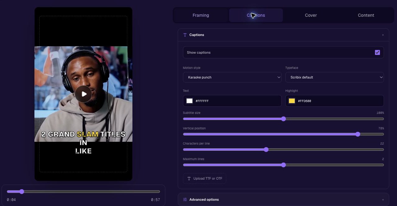 Captions panel with motion style, colors, size and position controls