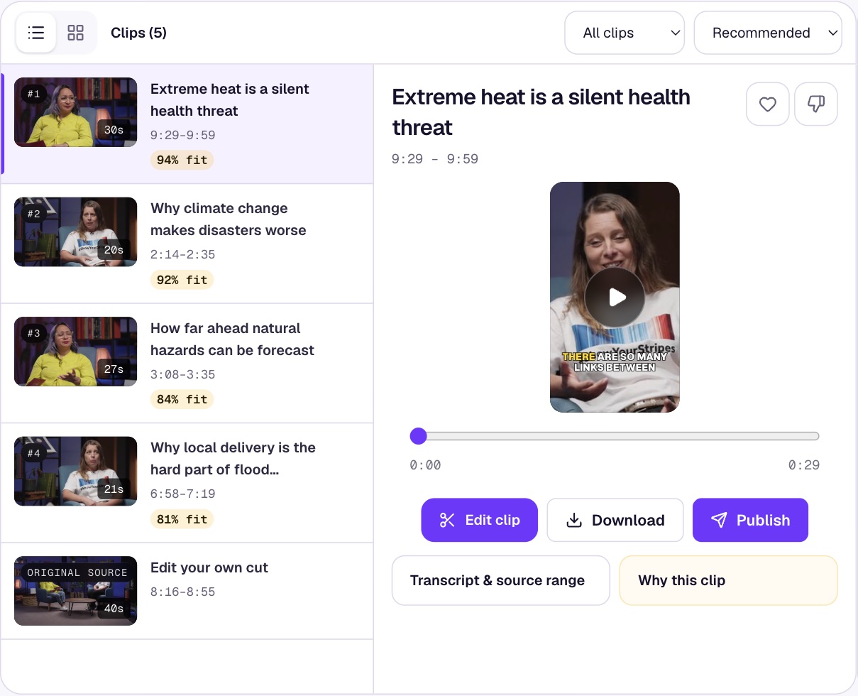 Scribix showing four AI-suggested clips with fit scores from a 10-minute interview