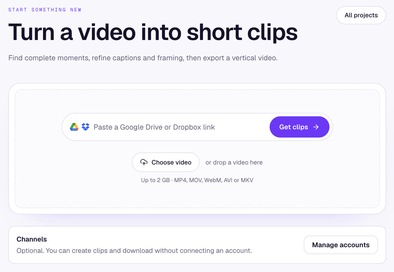 Scribix new-project page with a field to paste a Google Drive or Dropbox link
