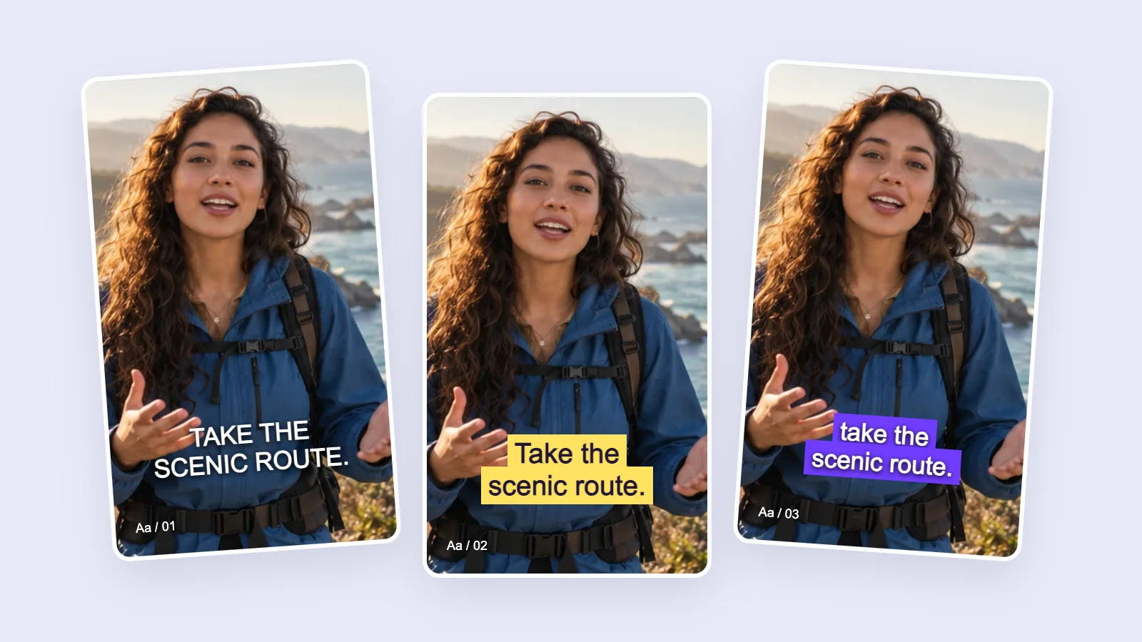 Three travel clips show different caption styles.