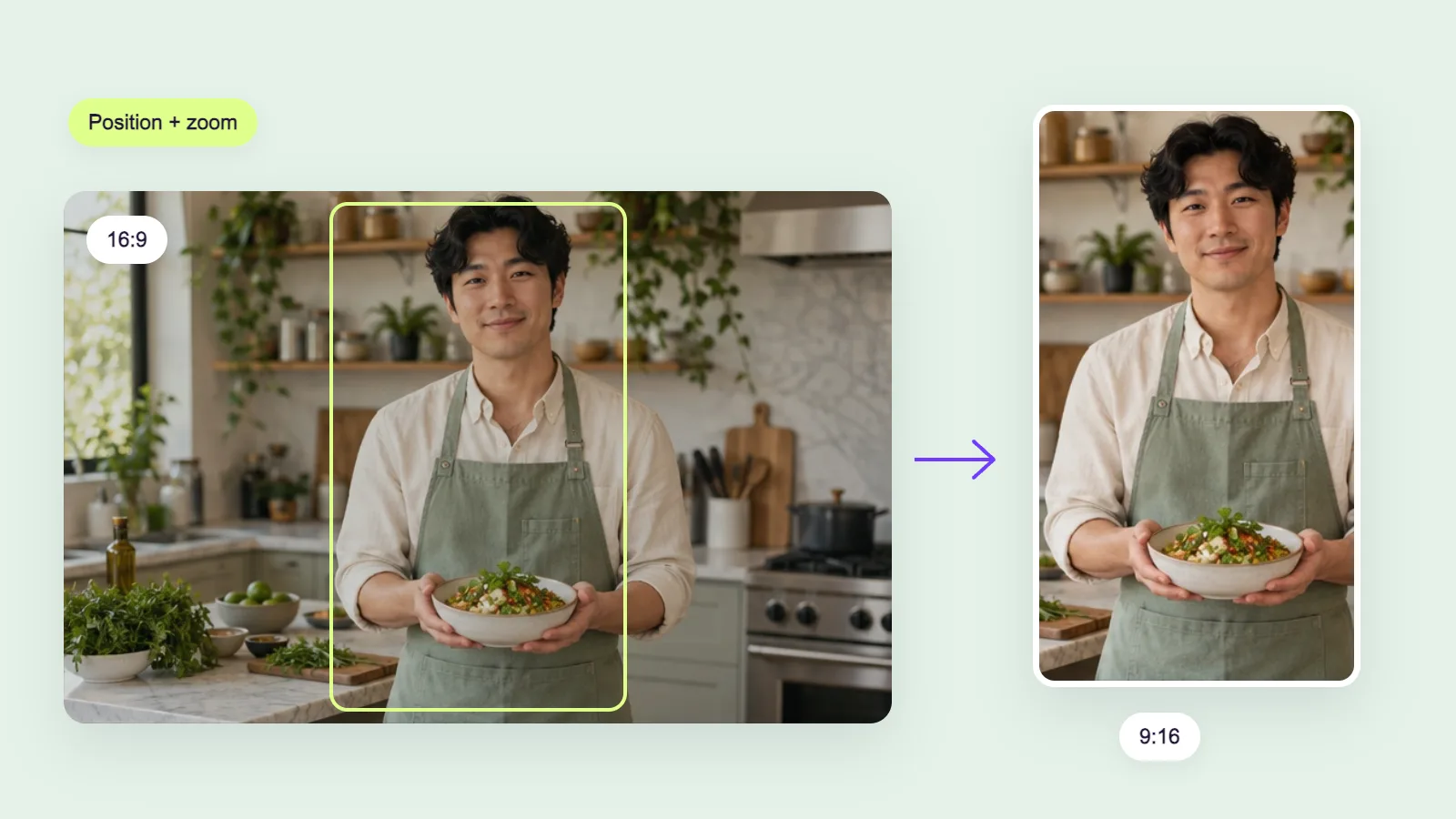 A crop outline on the original video points to a vertical output.