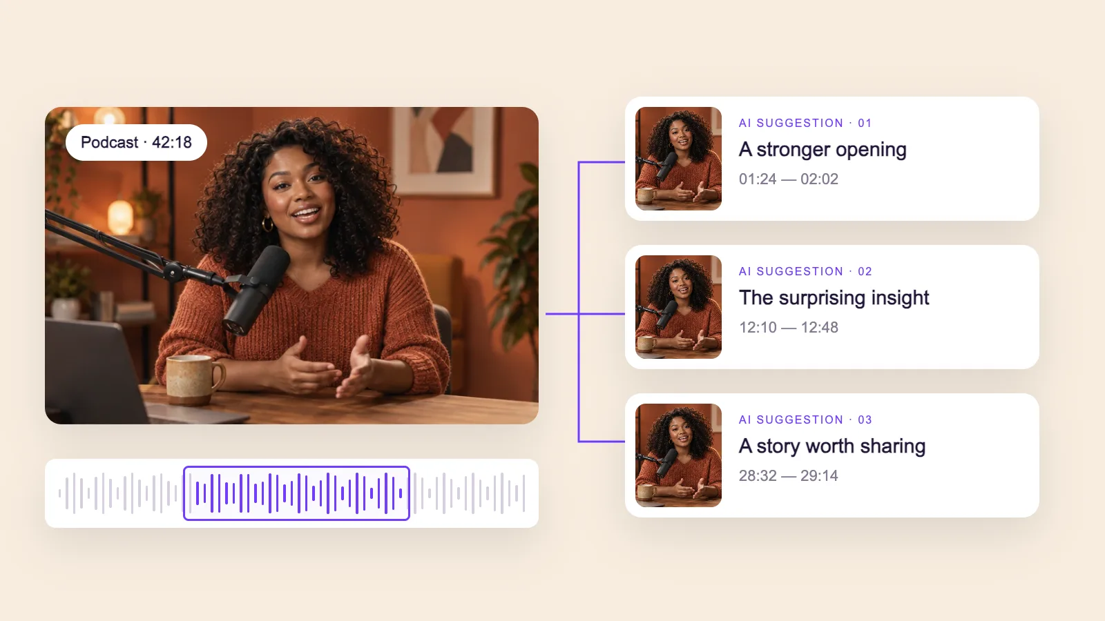 A podcast with three AI-suggested moments and a selection timeline.